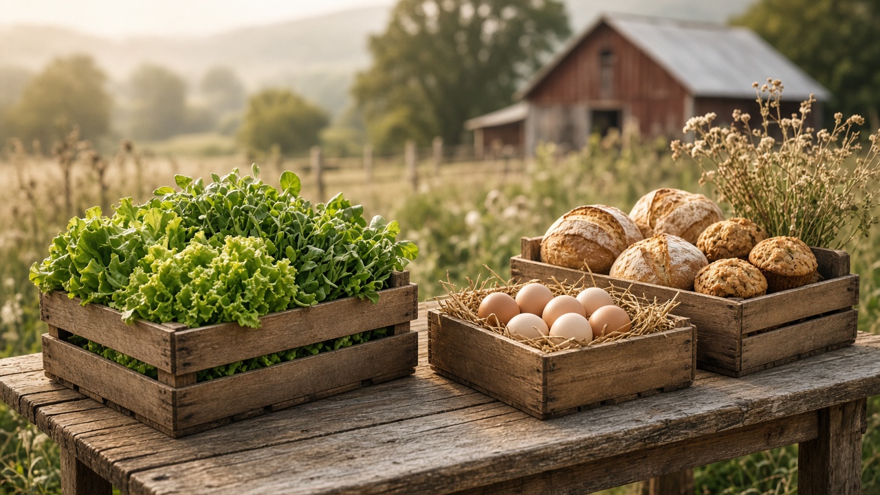 Products. Crates of greens, eggs, and bread.