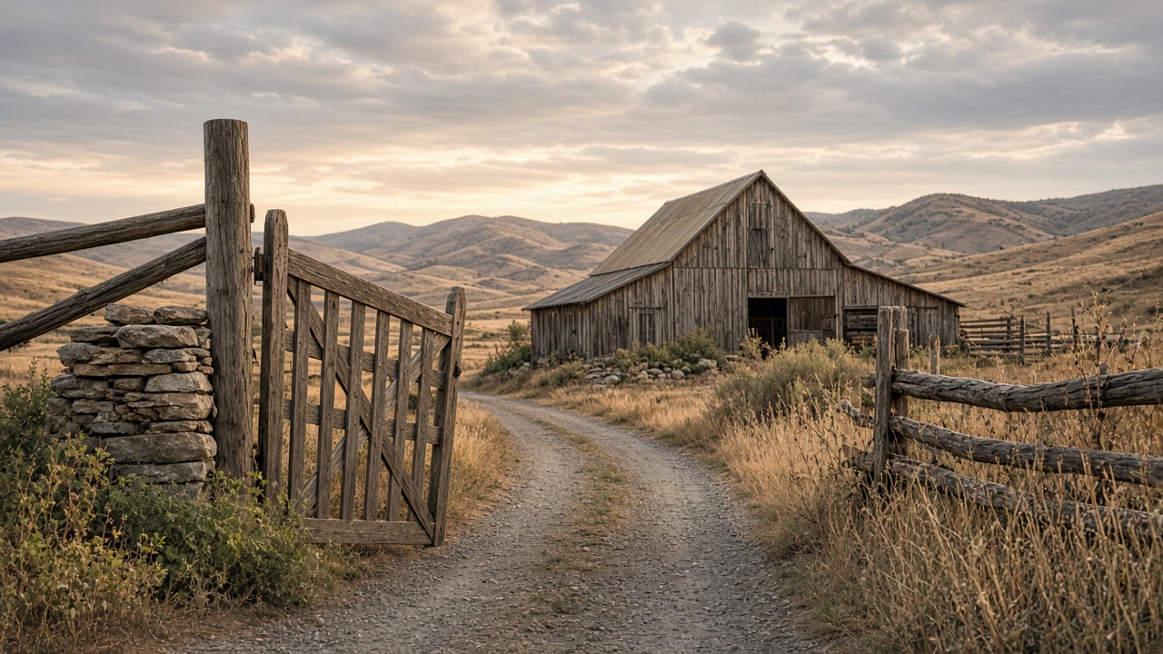 Our Story. A wooden gate, lane, and barn.