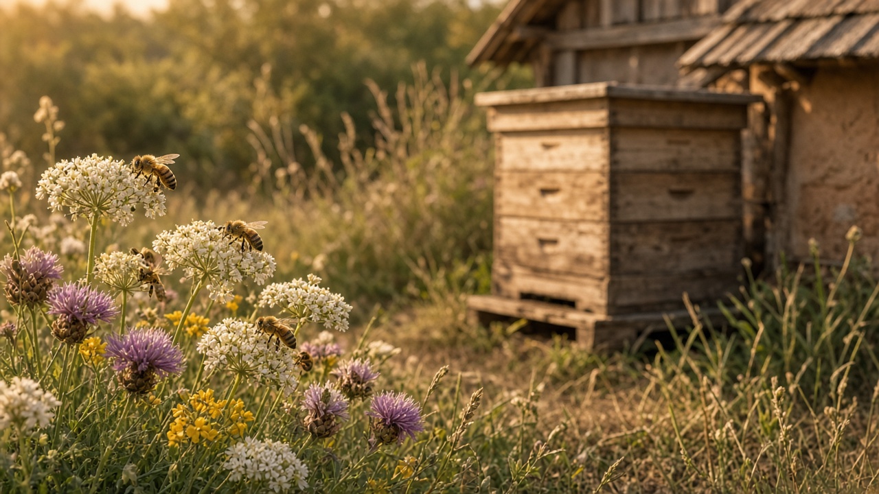 Honeybees visiting flowers beside a hive in soft meadow light