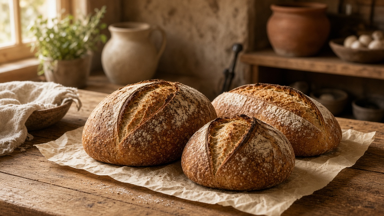 Fresh bakery loaves on a farm table in warm light