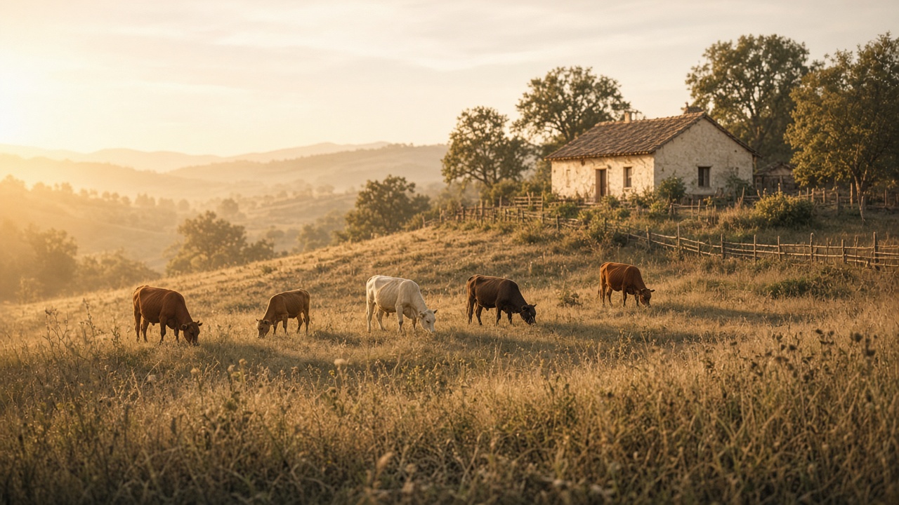 Cows grazing in a warm pasture along a ridge