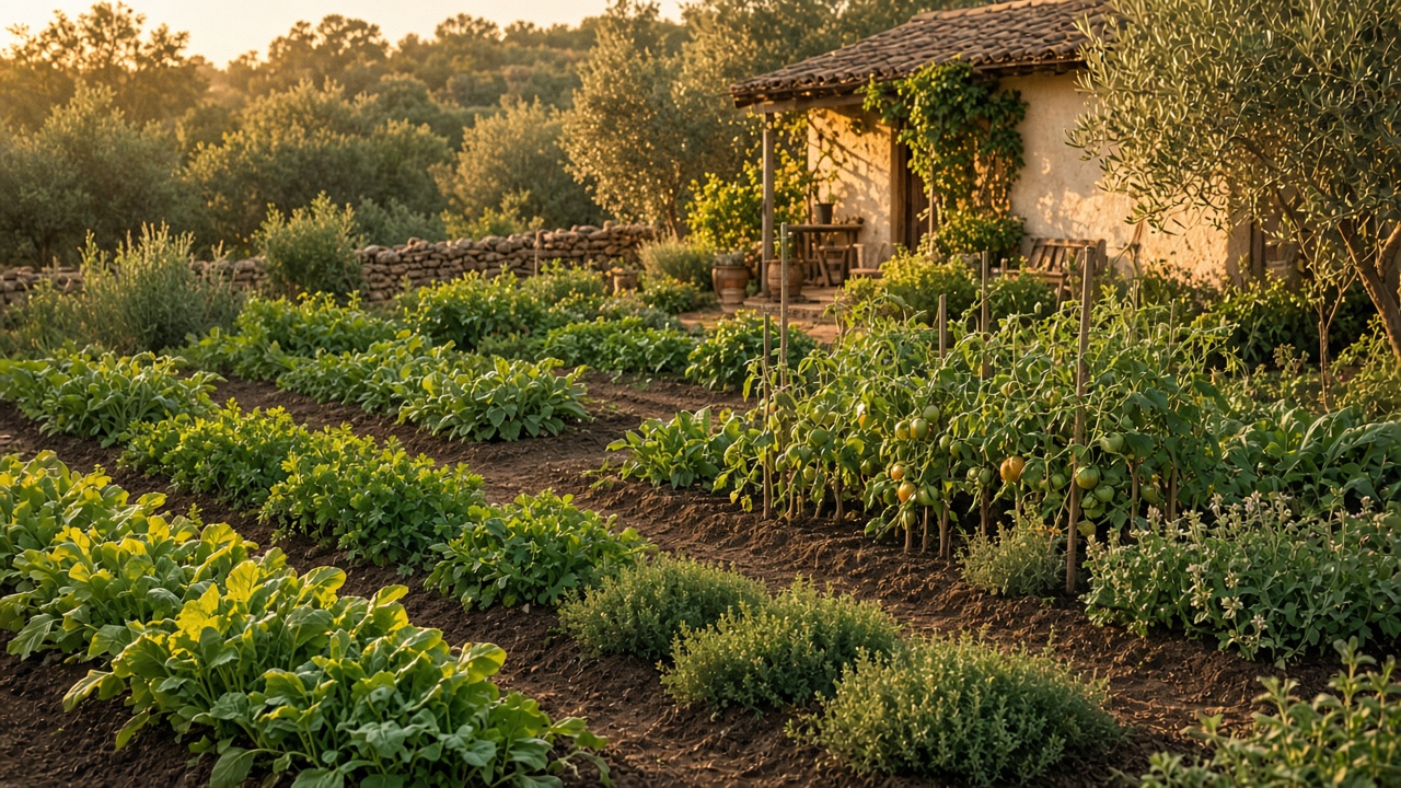 Rows of vegetables and herbs in a homestead garden