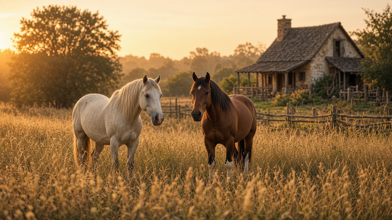 Horses standing in a golden field